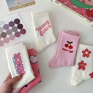 Pink Cherry Print Slouch <b>Socks</b> Women's Mid-Calf Cotton <b>Breathable</b> Sweat-Absorbing Odor-Resistant Youth Style - Product Image 2