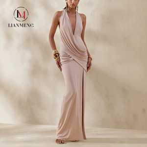 LM R882 Robe longue de soirée <span class=keywords><strong>nude</strong></span>, col licou, décolleté plongeant en V, taille drapée et froncée, fente latérale haute, dos nu, coupe ajustée - Product Image 1