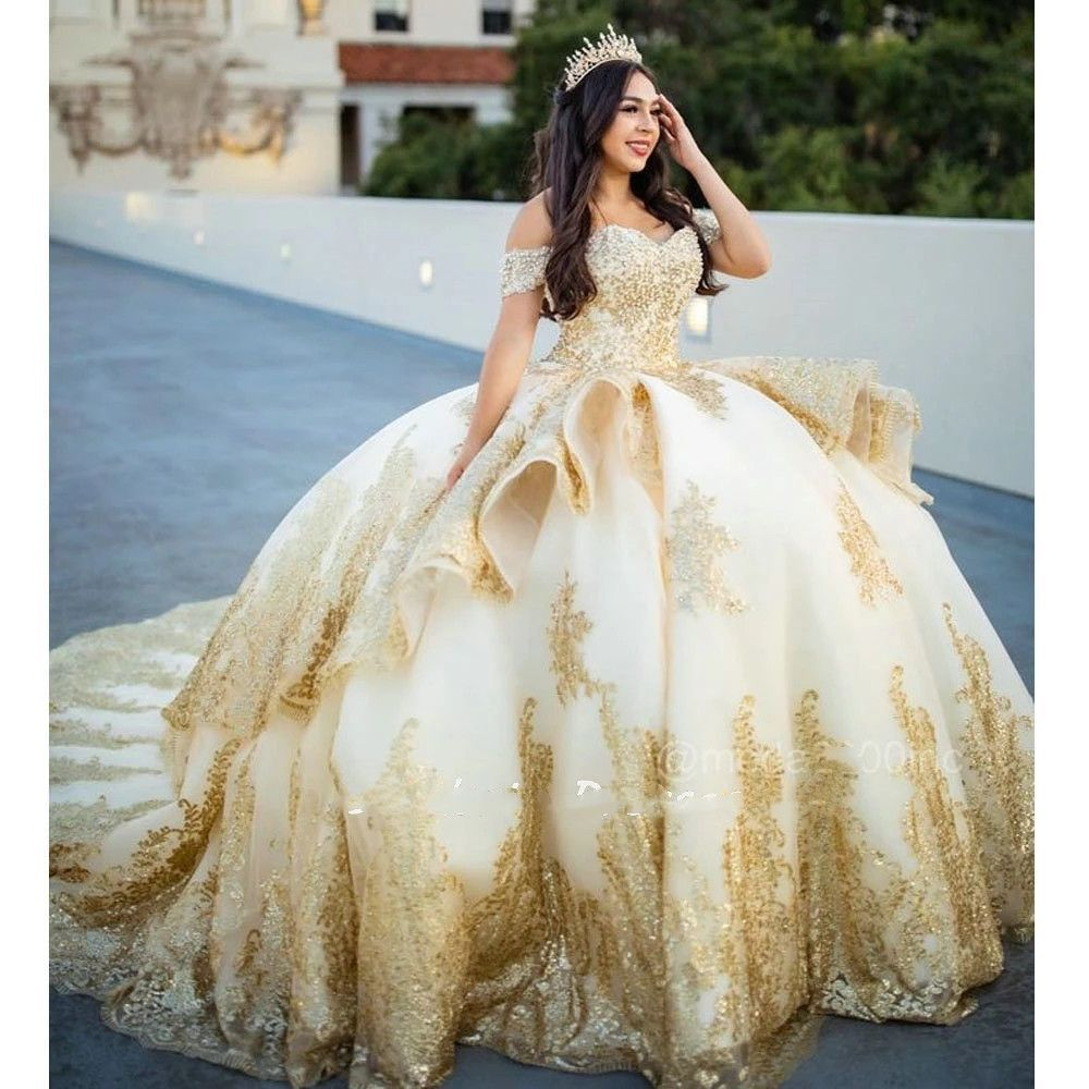 Mumuleo Gold Sequins Applique Quinceanera Dresses Off the Shoulder Sweet 16  Birthday Party Prom Formal Evening Wear Vestidos| Alibaba.com