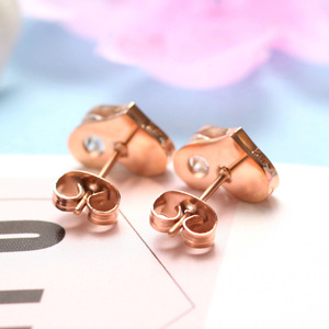 Heart <b>Stud</b> <b>Earrings</b> 10mm Rose Gold Steel Color Love Engraved Diamond Bezel Setting Everyday Wear - Product Image 3