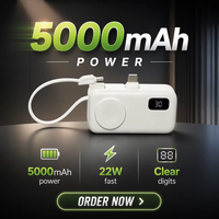 Power Bank Magnetik 5000mAh 22.5W PD Pengisi Daya Cepat dengan Kabel Tipe C Terintegrasi Layar Digital Ukuran Saku Portabel