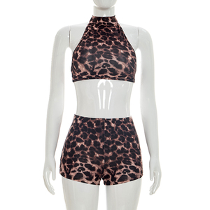 Viviblook J26ST137 Women Summer Shorts <b>Set</b> Leopard Print Halter Vest Backless Lace Up Crop Top Tight Shorts Two Piece <b>Set</b> - Product Image 2