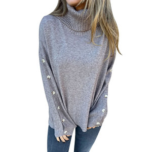 Black Knitted Pullover Sweater <strong>Turtle</strong> High <strong>Neck</strong> Loose Casual Winter Autumn <strong>Ladies</strong> Long Sleeve Buttons Knit <strong>Jumper</strong> Tops for Women - Product Image 3