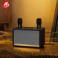 Speaker Karaoke Bluetooth Kabinet Kayu dengan 2 Mikrofon Nirkabel Suara Berkualitas Tinggi Portabel untuk Bernyanyi di Rumah, Pesta Keluarga
