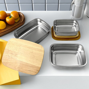 304 Stainless Steel Lunch Box Rectangular Wooden Lid Food <b>Storage</b> <b>Container</b> For Students And Adults - Product Image 1
