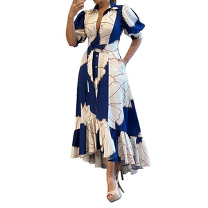 Vestido Elegante Asimétrico de Manga Corta con Estampado Tipo Camisa y Cintura Alta para Mujer - Product Image 2