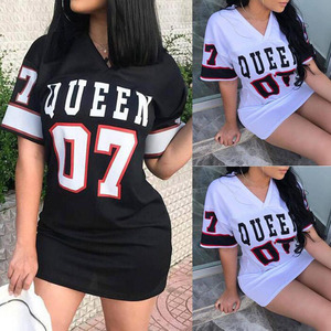 Vestido corto de verano para mujer al por mayor, estilo hip hop, con estampado, camiseta larga, cuello en <span class=keywords><strong>V</strong></span>, sexy, mini vestido holgado para mujer - Product Image 2