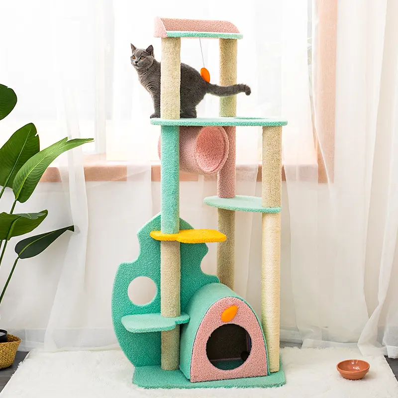 Commercio all'ingrosso happy play scratch green cat tower craft cat tree
