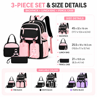 Ensemble de sac à dos scolaire personnalisé 3 pièces avec sac à lunch, trousse à crayons, grande capacité, multi-poches, résistant à l'eau, pour filles
