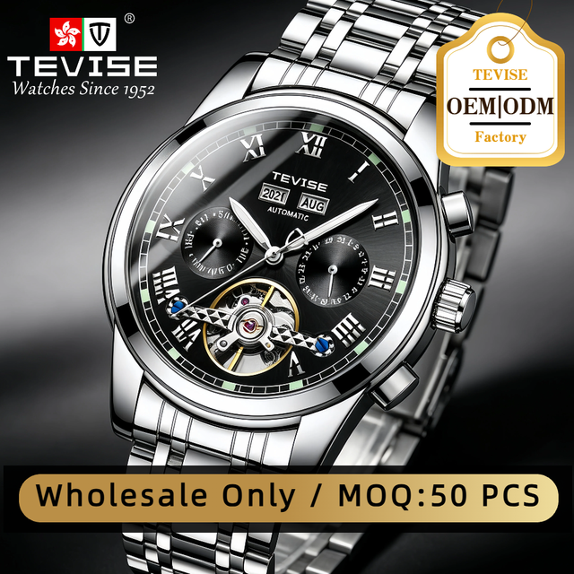 TEVISE Luxury Men's Stainless Steel Automatic Mechanical Watch Tourbillon Chronograph Waterproof Wrist Watches
