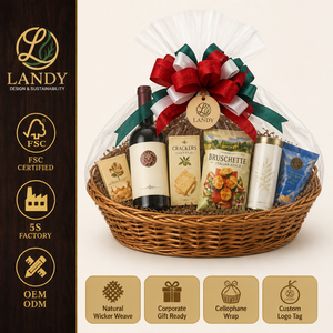 Cesta de <span class=keywords><strong>Vino</strong></span> de Mimbre Tejida Sostenible Premium con Logotipo Personalizado, Caja de Regalo de Lujo para Champán, Exhibición para Venta al por Menor y Picnic - Product Image 1