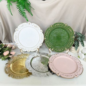Assiettes de présentation réutilisables en plastique antique argenté blanc <span class=keywords><strong>rose</strong></span> vert pour mariage, fête, dîner, table, 13 pouces, bord fleuri - Product Image 2