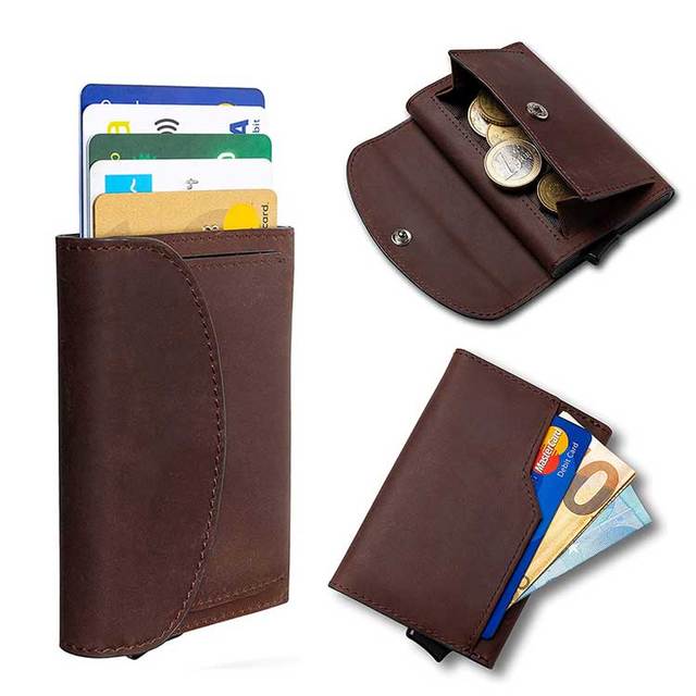 Premium Side-push Card Holder Leather RFID Wallet Pop up Aluminum case with Coin Pocket