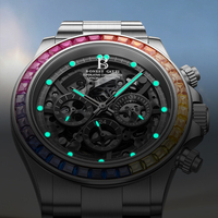 Montre chronographe automatique mécanique pour homme Bonest Gatti, boîtier en acier inoxydable, cadran squelette, lunette sertie de pierres colorées, luminescente BG8018