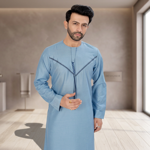 <b>Men's</b> Light Blue Polyester <b>Thobe</b> Neck Long Sleeve Embroidered Detail Casual Daily Wear Floor Length Regular Fit Middle East - Product Image 4