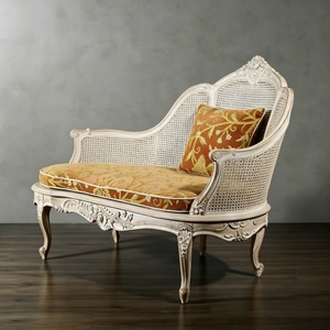 Divano in Legno Massello Stile Francese, Sedia Venus Classica Europea Intagliata con Schienale in Rattan e Cuscino Decorato - Product Image 2