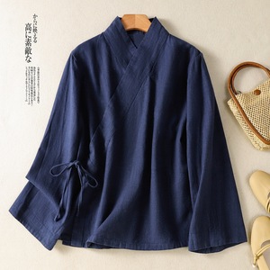 Women's Cotton Linen Wrap Blouse Pink Navy Beige Training Top Zen Style Hanfu Shirt - Product Image 4