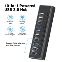 Hub USB 3.0 en alliage d'aluminium 10 en 1 avec interrupteurs indépendants, station d'accueil USB alimentée pour ordinateur de bureau, ordinateur portable, PC