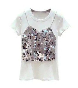 Trẻ Em % 27S + T-Shirt Trẻ Em Gái 100% Cotton Jersey T-Shirt Với Sequin Giả Singlet
