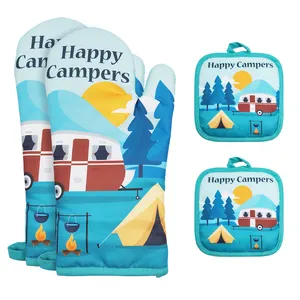 Happy Camper Oven Mitts and Pot Holders Sets,Heat Resistant Camping Pot Holder,Camping Kitchen Set 4pcs