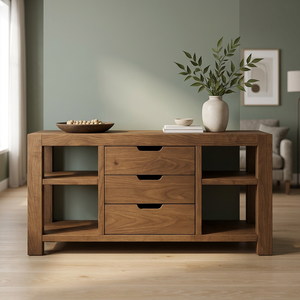 Console multimédia moderne en teck avec 3 tiroirs centraux et étagères ouvertes - Product Image 3