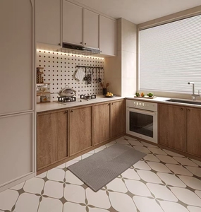 Vente directe d'usine, armoires de cuisine modulaires RTA au design moderne, finition <span class=keywords><strong>placage</strong></span> écologique, avec portes vitrées à glissières. - Product Image 1