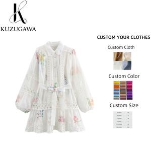 Vestido Holgado con Encaje y Flores, Estilo Dulce y Fresco, Estampado Chic, Cuello Camisero, Manga Larga, Estilo Informal para Primavera y Otoño - Product Image 1