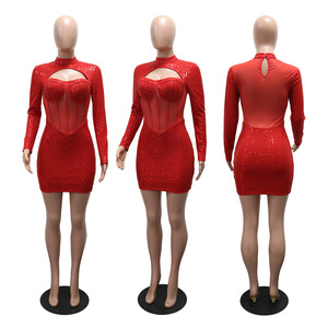 Robe mini corset en maille à paillettes pour femme, col haut, manches longues, robe moulante de soirée, tendance - Product Image 6