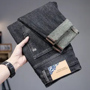 Высококачественные тонкие прямые вышитые серые стрейч-молнии повседневные узкие мужские джинсы