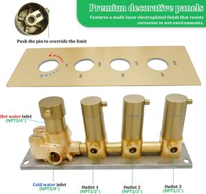 HOMEDEC Kit de robinetterie de <span class=keywords><strong>douche</strong></span> thermostatique 3 fonctions en cuivre, finition or brossé, 3 voies, contrôle du débit et du volume, <span class=keywords><strong>douche</strong></span> <span class=keywords><strong>verticale</strong></span> - Product Image 4