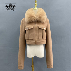Janefur Winter Handmade Short Alpaca Fur Coats <strong>Women</strong> Zipper up Cashmere Wool Coat Soft Wool <strong>Peacoat</strong> With Fox Fur Collar - Product Image 1