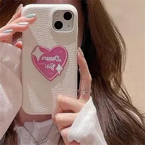 Faux Leather Pink Hearts White Phone Case for iPhone 15 14 ProMax 13 12 Pro Max 11 Cover Women Stylish Protective Skin Cases