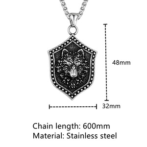 Wolf Head Stainless Steel Shield <b>Keychain</b> Metal Engraved Leather Strap Men's Keyring Gift Accessory - Product Image 3
