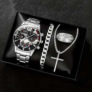 Fashion Men's Stainless Steel Band Natural Stone <strong>Geneva</strong> Casual/Sporty Business Calendar Quartz <strong>Watch</strong> Ring Cross Necklace <strong>Set</strong> - Product Image 1