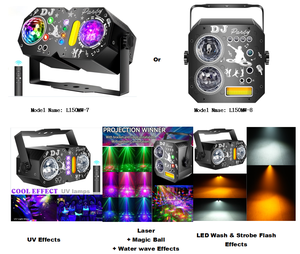 Projecteur de fête <span class=keywords><strong>DJ</strong></span> 7-en-1 : Effets UV, boule magique, vague d'eau, LED Wash, stroboscope doré, laser avec télécommande et support - Product Image 4