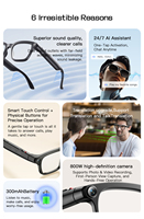 Lunettes intelligentes M08 avec algorithme anti-tremblement, caméra 800W, vidéo 1080P, étanches IP68, contrôle par application Wi-Fi, suivi d'activité