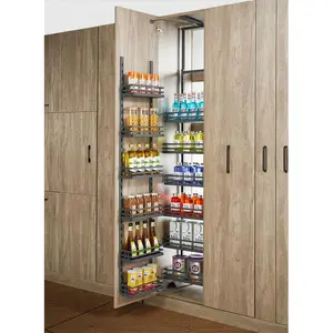 WELLMAX Kitchen Tall Pantry Basket Cabinet Accessories Metal Pull Out Larder Shelf For Organizer