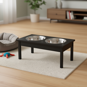 Station d'alimentation moderne pour chien avec 2 bols en acier inoxydable noirs, support en bois robuste de 23 pouces pour chiens, utilisation intérieure - Product Image 2