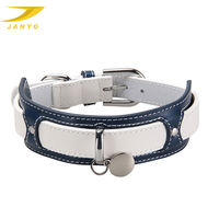 Collier pour chien en cuir PU bicolore marine et blanc, double couture, boucle argentée, étiquette vierge à graver, confortable et doux