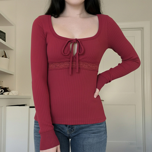 Pure Desire Girly Style U-Neck <b>Slim</b> Fit T-Shirt Waist Lace Patchwork Bow <b>Tie</b> Long Sleeve Ribbed Base Layer - Product Image 1