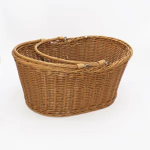 Large Handle Plastic Rattan Picnic Oval natural Wicker Picnic Storage Handicrafts Handle Basket