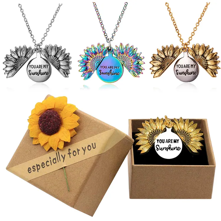 Fashion Antique Gold Silver Rainbow Open Locket Women Girl Gift You Are My Sunshine Sunflower Pendant Necklace Jewelry With Box