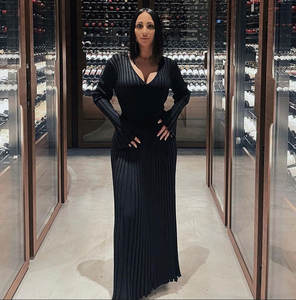 Elegante Maxi abito a pieghe lavorato a maglia per le donne 2023 autunno abito a coste femminile Casual Lace Up Fashion Bodycon abiti lunghi - Product Image 6