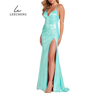 Vestido de noche romántico personalizado escote en V profundo sin espalda pliegues irregulares cinta falda de cola de pez abertura alta plisada fiesta natural <span class=keywords><strong>pleaser</strong></span> - Product Image 5
