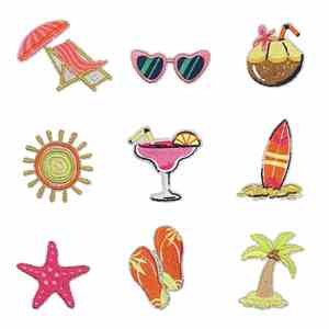 Nouveaux patchs brodés autocollants à bordure scintillante, style plage estival, avec motifs étoile de mer, lunettes de soleil, cocotier et boisson, pour la décoration - Product Image 1