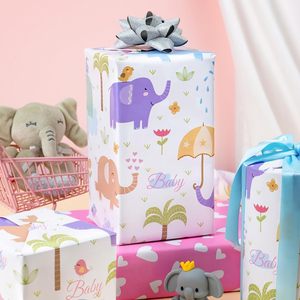 Rollo de Papel de Regalo con Diseño de Corazones Rosados y Elefantes Bebés, 17 pulgadas x 33 pies, Reversible, para Baby Shower o Cumpleaños - Product Image 6