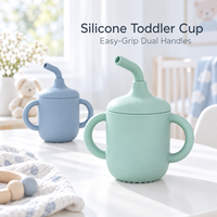 Gobelet d'apprentissage en silicone personnalisé avec logo, double poignée et paille, pour bébé et tout-petit, avec couvercle à bec verseur en option
