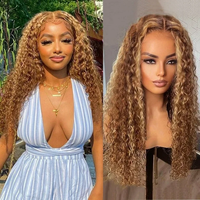 Perruque en dentelle HD 13x4 alignée sur les cuticules, blonde miel, bouclée profonde, sans colle, perruques en cheveux humains bouclés avec mèches P4/27