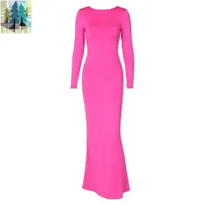- modern sexy backless bandage long sleeve solid color bodycon long dresses women casual