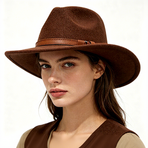 Chapeau Fedora en feutre de laine marron avec bande en cuir, style Panama à large bord uni, pour hommes et femmes, vintage, pour fêtes jazz, toutes saisons - Product Image 1